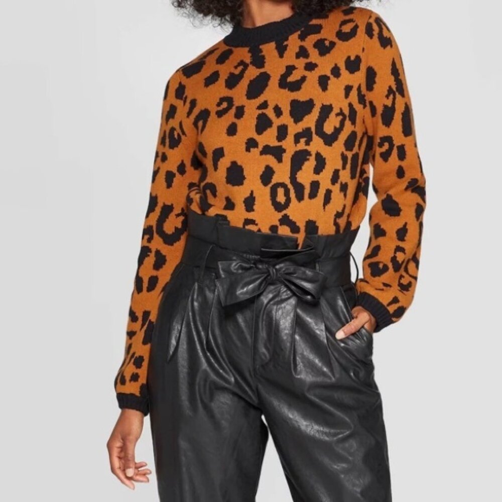 WHO WHAT WEAR Leopard-Print Crewneck Sweater - Size Large - Picture 3 of 7